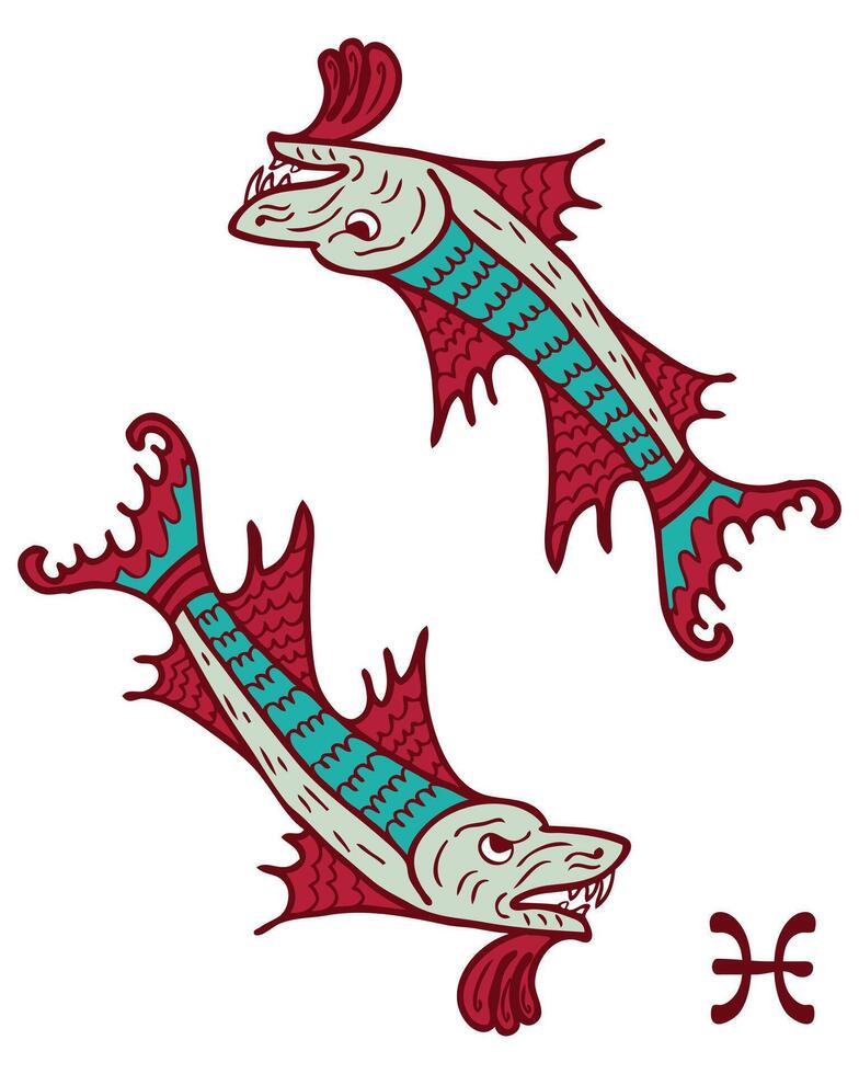 Middle ages bestiary style Pisces zodiac horoscope symbol. Perfect print for tee, sticker, card, poster. Hand drawn illustration. vector