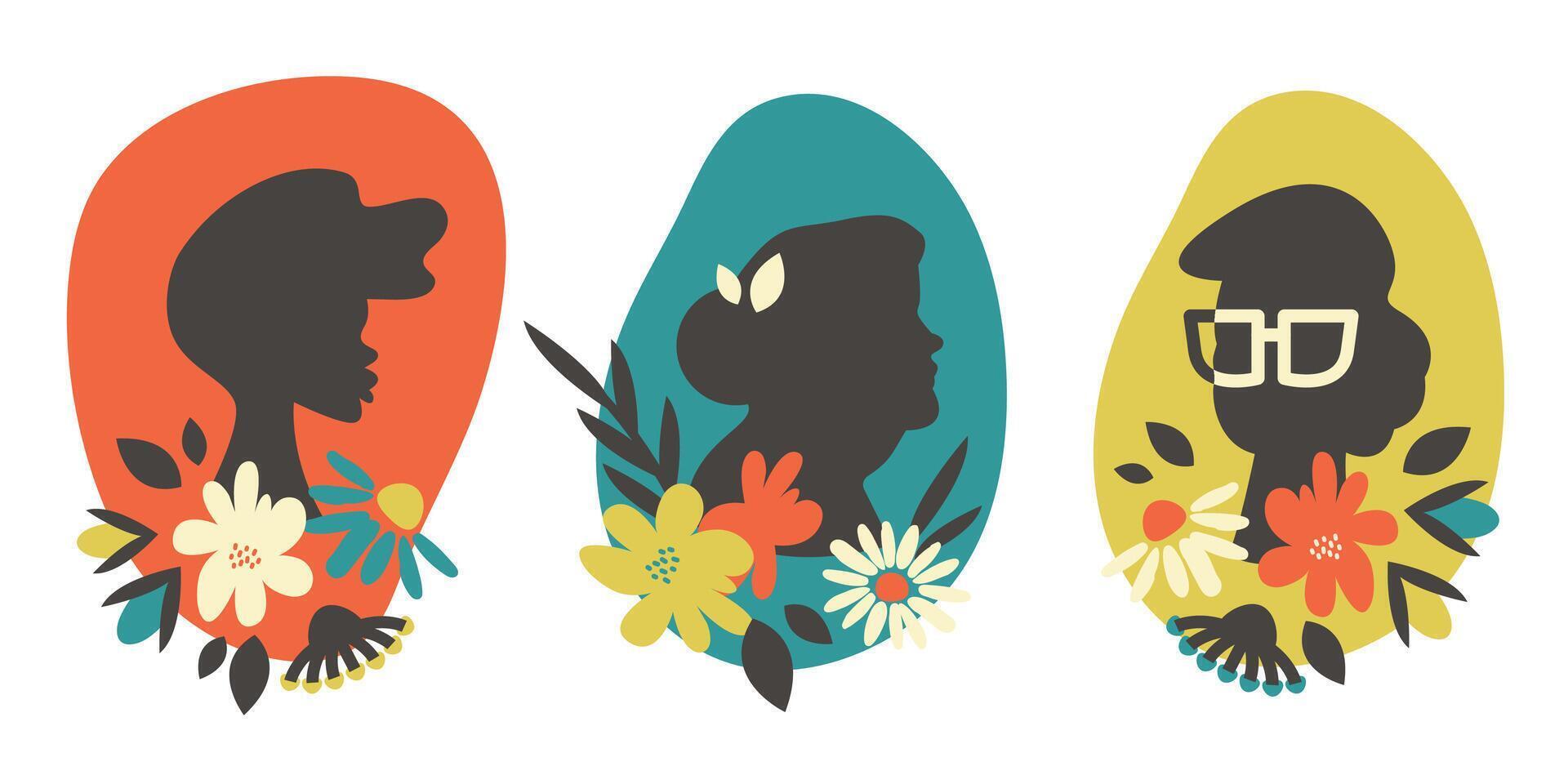 Avatars Profile set. Comic face portraits in Color circles with flowers. Avatars silhouette woman. Hand drawn, doodle Women of different ages. cartoon flat illustrations vector