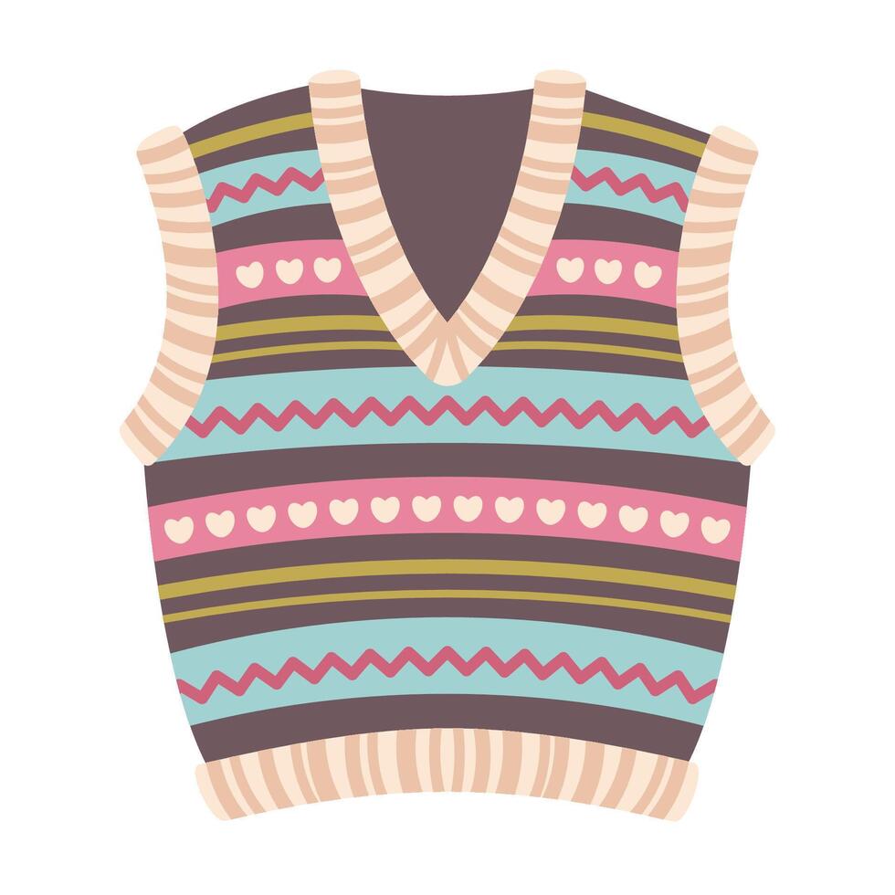 Colour Wool sweater vest isolated on white background. Knitted wool vest decorated various patterns. Warm comfy softness woolly Waistcoat. Handicraft. Creative hobby concept. illustration vector