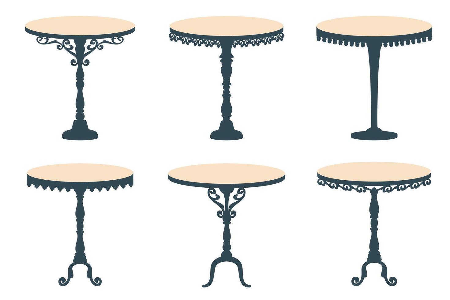 Set of Vintage table isolated on white background. Antique classic table with carved wooden elements. Vintage icon. Luxury Old historical furniture in Victorian style. Retro antique interior. vector