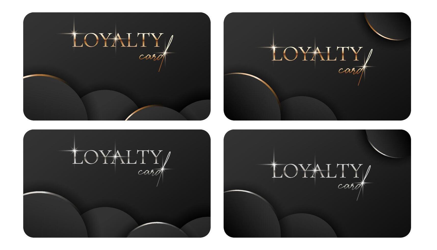 Modern loyalty card template. Set of Elegant Black business card with golden and silver 3d text, balls, lines. Luxury design. illustration for vip, bonus card, gift certificate, invitation vector