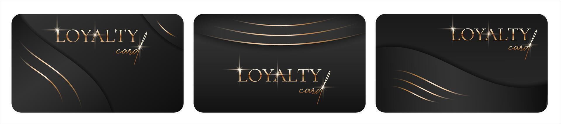 Set of Modern loyalty cards. Elegant Black business card with golden 3d text, lines. Realistic gold elements. Luxury design. illustration for vip, bonus card, gift certificate, invitation vector