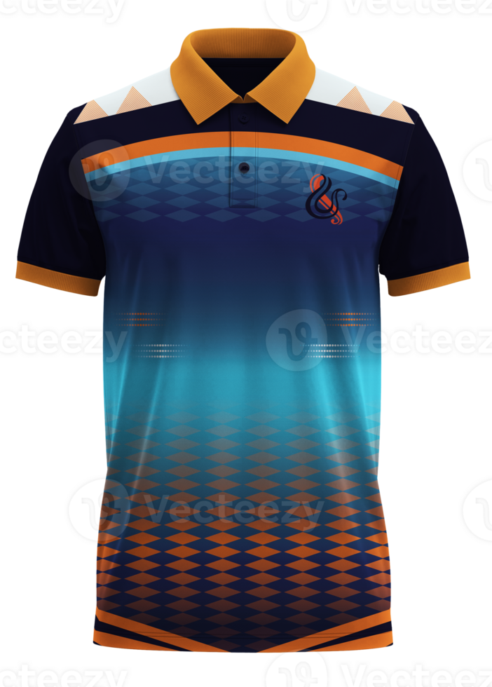 The polo shirt is designed with an orange, blue and black design png