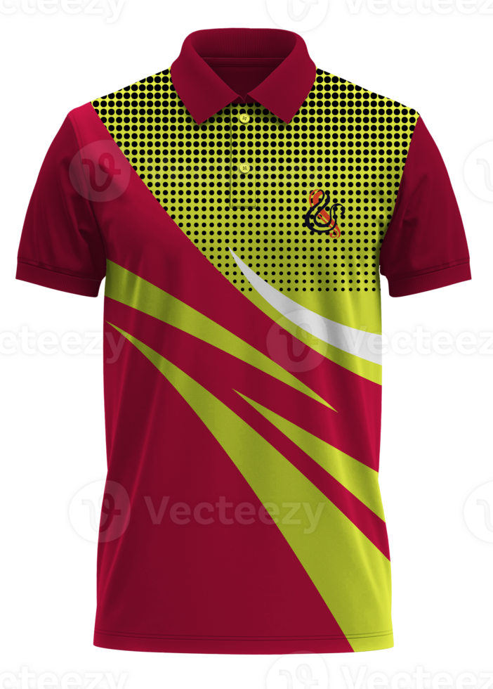 a red and yellow polo shirt with a yellow and white design png