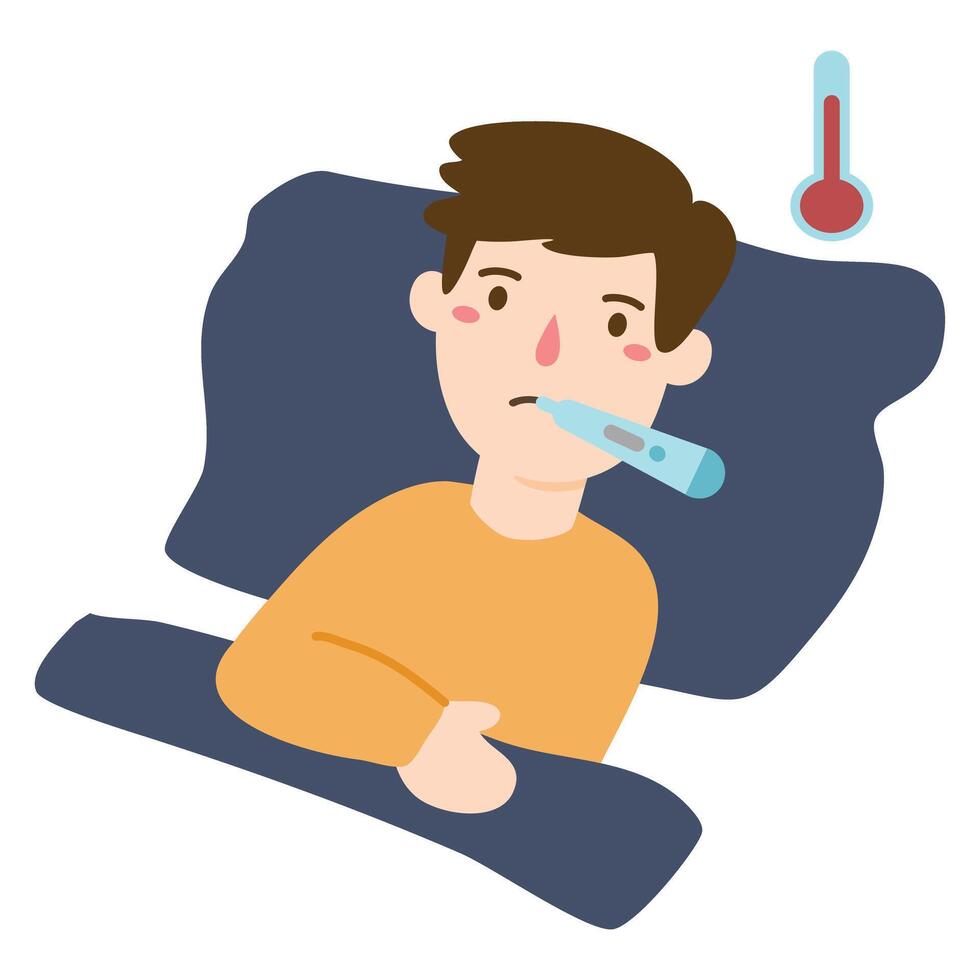 Sick boy lying in bed with a thermometer in mouth vector