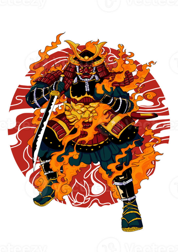 A fierce samurai in iron armor, surrounded by flames, stands ready to strike. This bold illustration captures his power and intensity, perfect for dynamic t-shirt designs. png