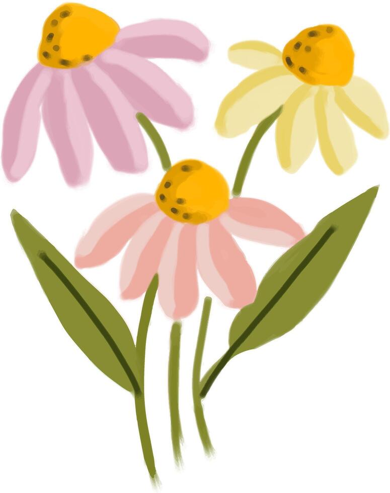 a drawing of three daisies with yellow centers vector