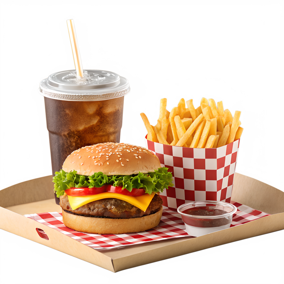A hamburger and fries on a tray with a drink png