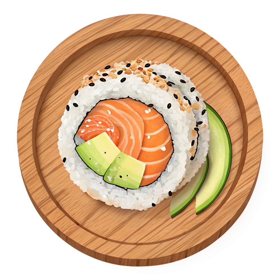 Sushi roll on a wooden plate with cucumber and salmon png
