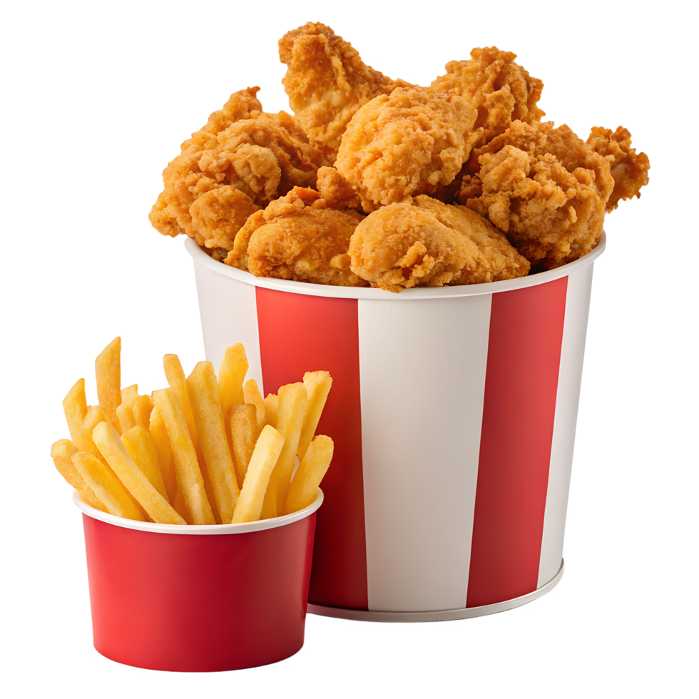 A bucket of fried chicken and french fries png