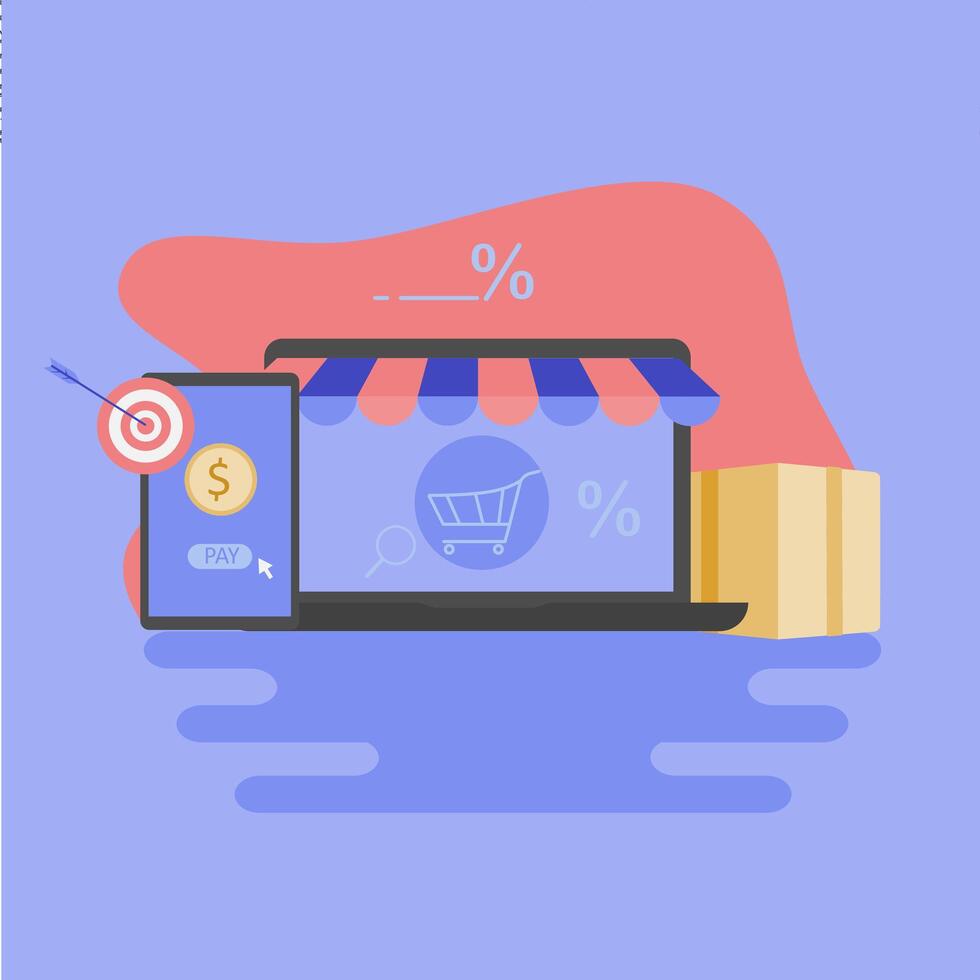 e-commerce website illustration, web-based e-commerce. Illustration banner with icons. vector