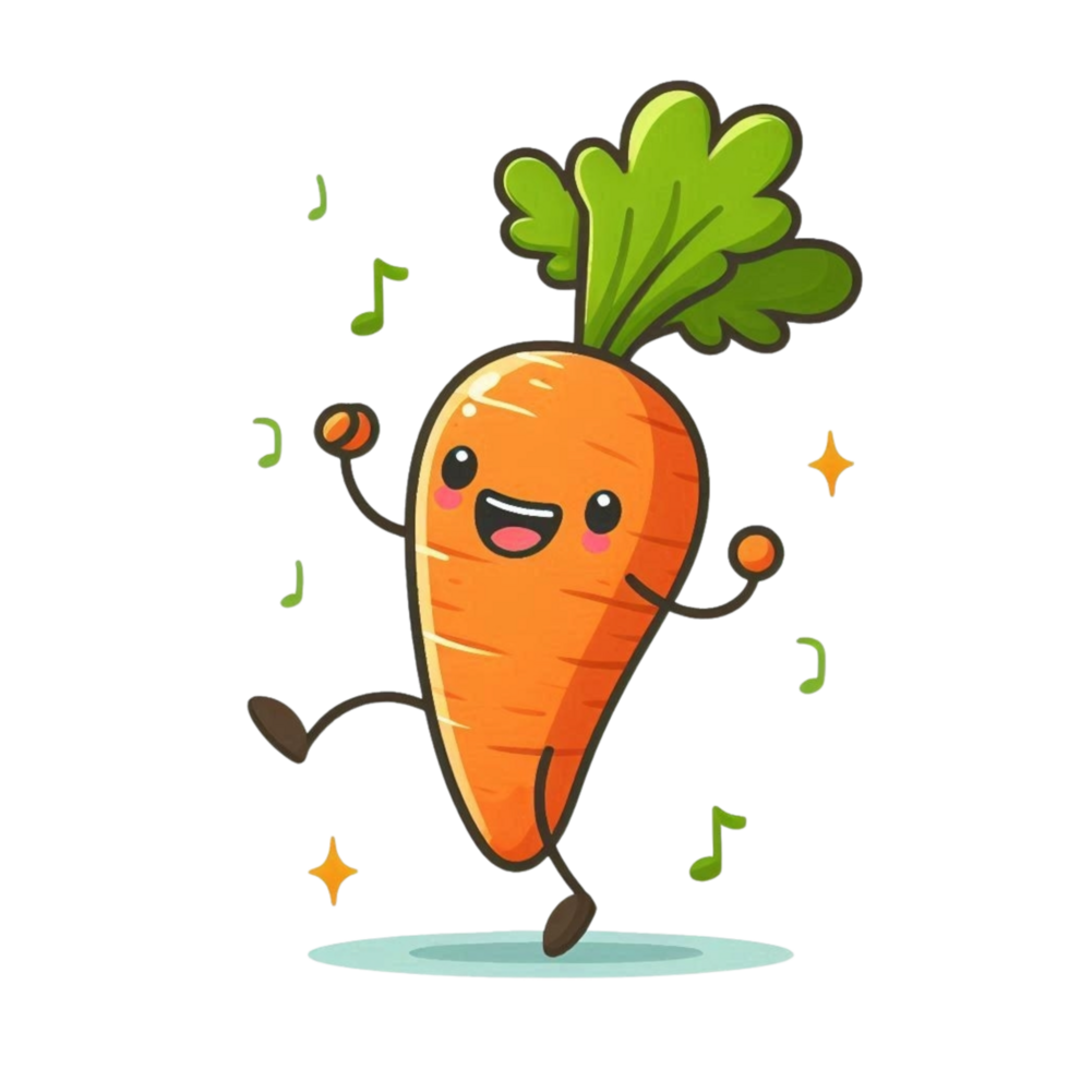 A smiling carrot with fresh green leaves, symbolizing organic and fresh food. png