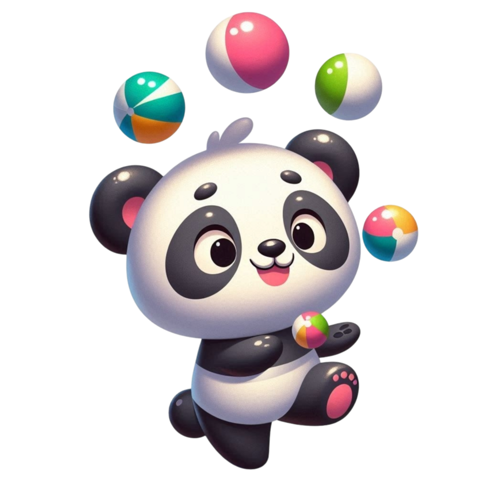 A friendly panda enjoying juggling in a fun and happy environment. png