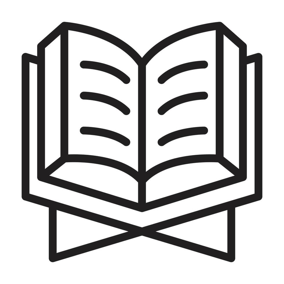 Minimalist outline icon of an open Quran on a wooden stand, perfect for Islamic celebrations like Ramadan and Eid Mubarak. vector