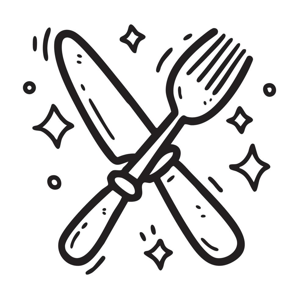 Hand drawn doodle icon of a fork and knife crossed with sparkling stars around, representing dining, cooking, or restaurant themes. Perfect for culinary related designs. vector