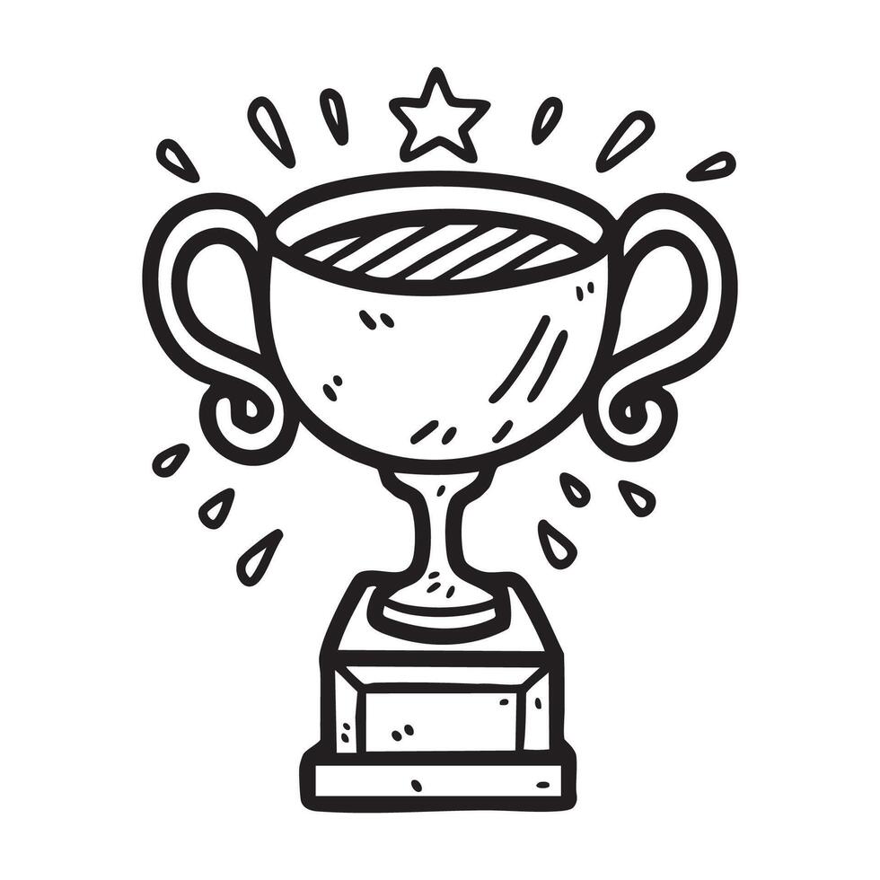 A doodle style trophy icon with a star on top, perfect for representing achievement, success, and awards in various design projects. Hand-drawn in black and white. vector