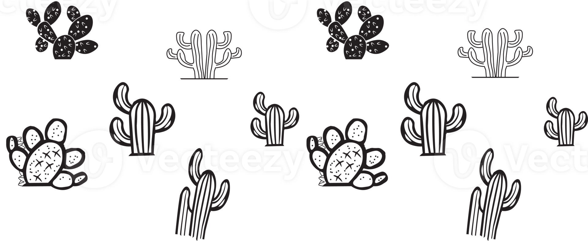 A black and white illustration of cactus plants png