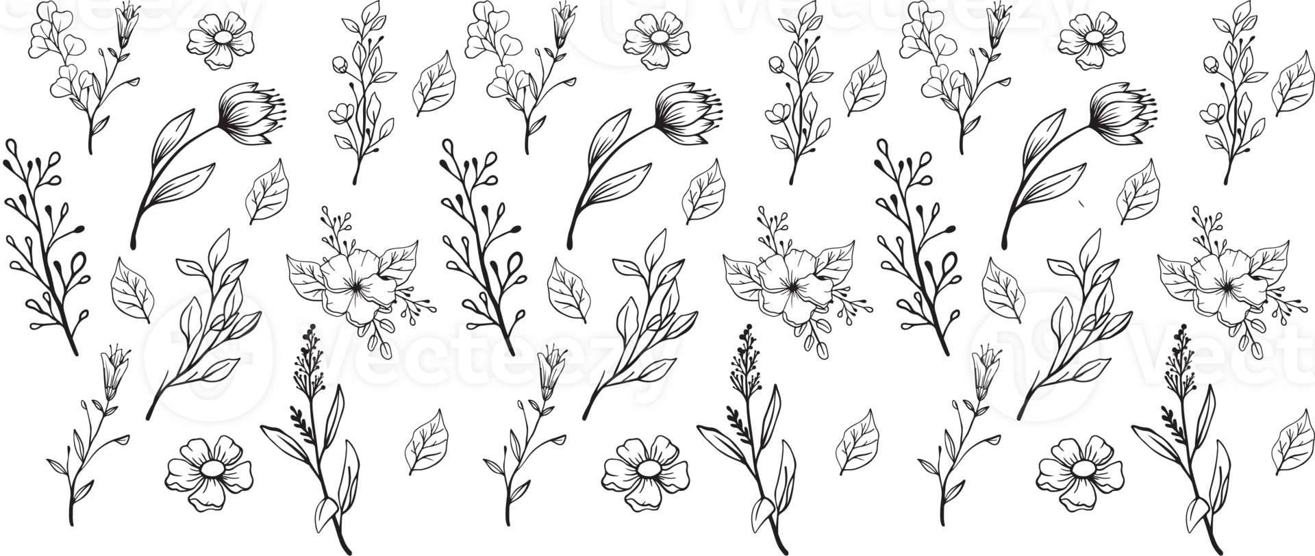 A black and white illustration of flowers and leaves png