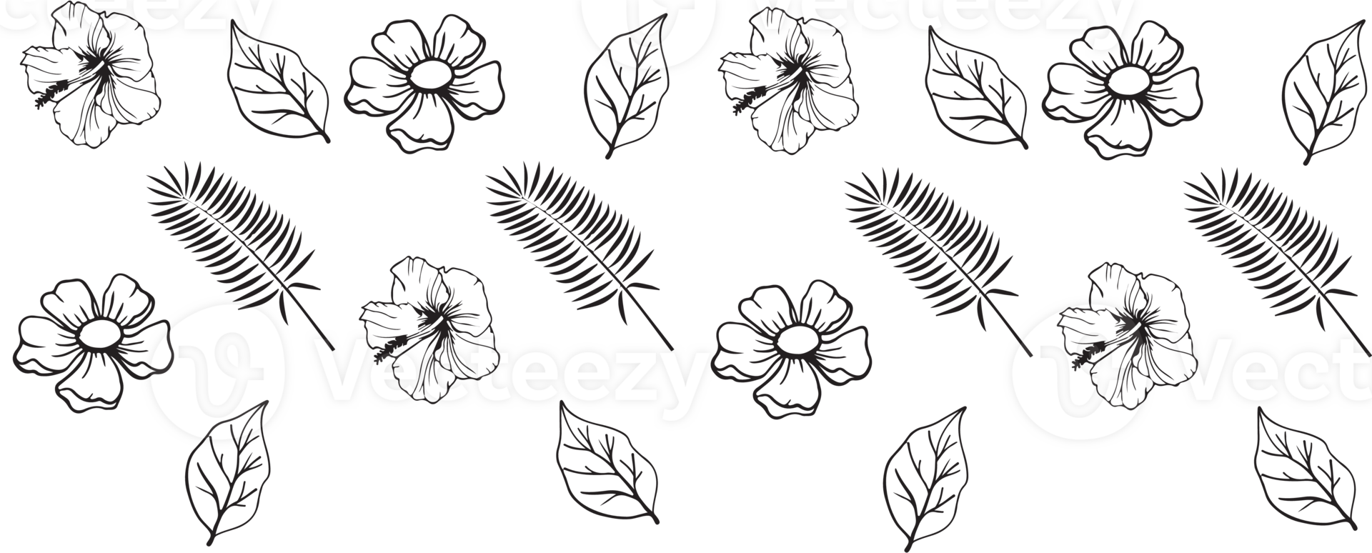 A black and white drawing of leaves and flowers png