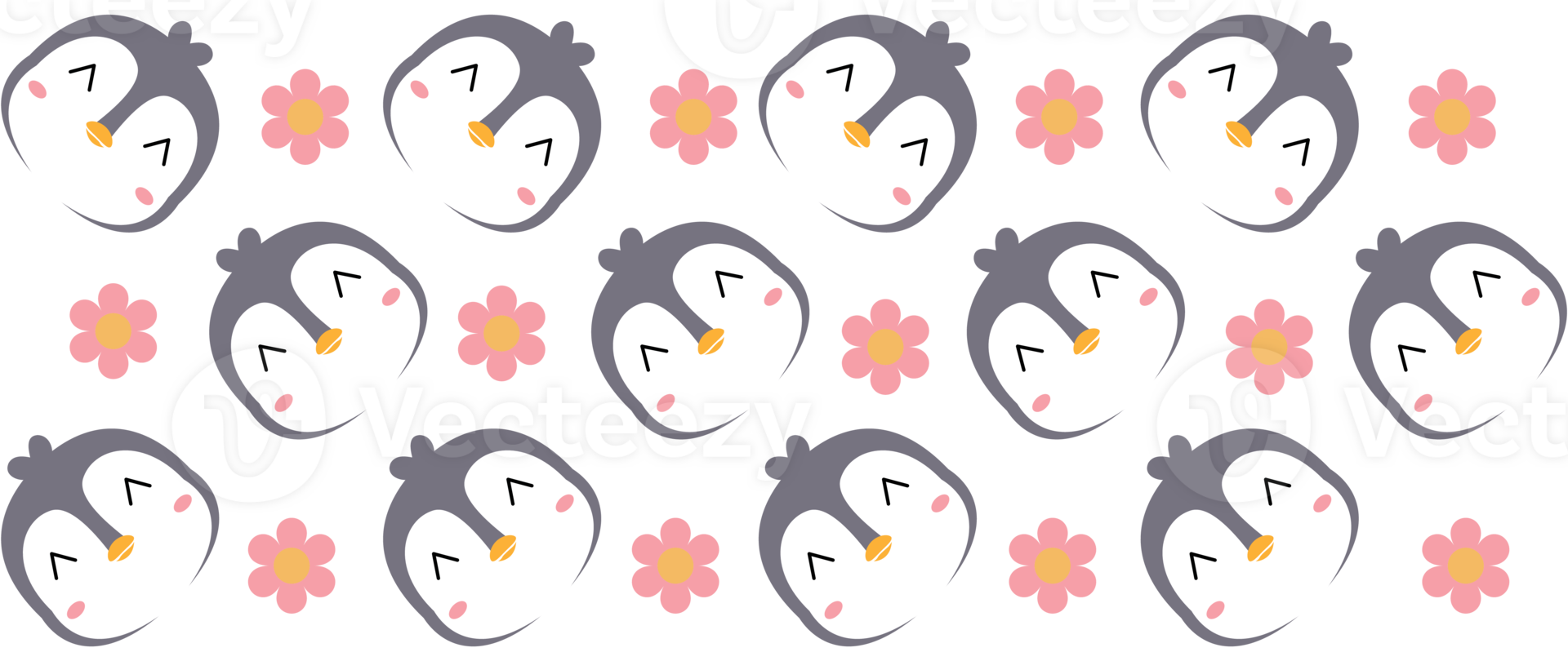Penguin pattern with pink flowers and eyes png