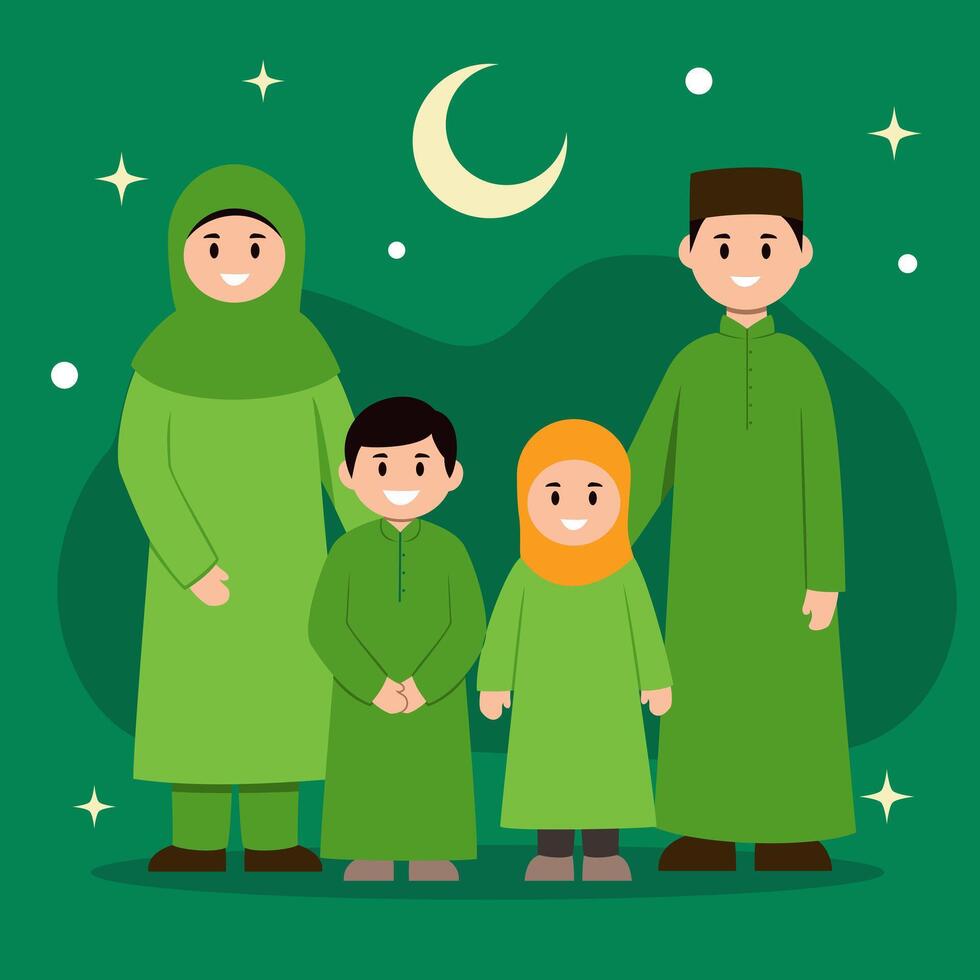 Joyful Muslim Family Under the Crescent Moon vector