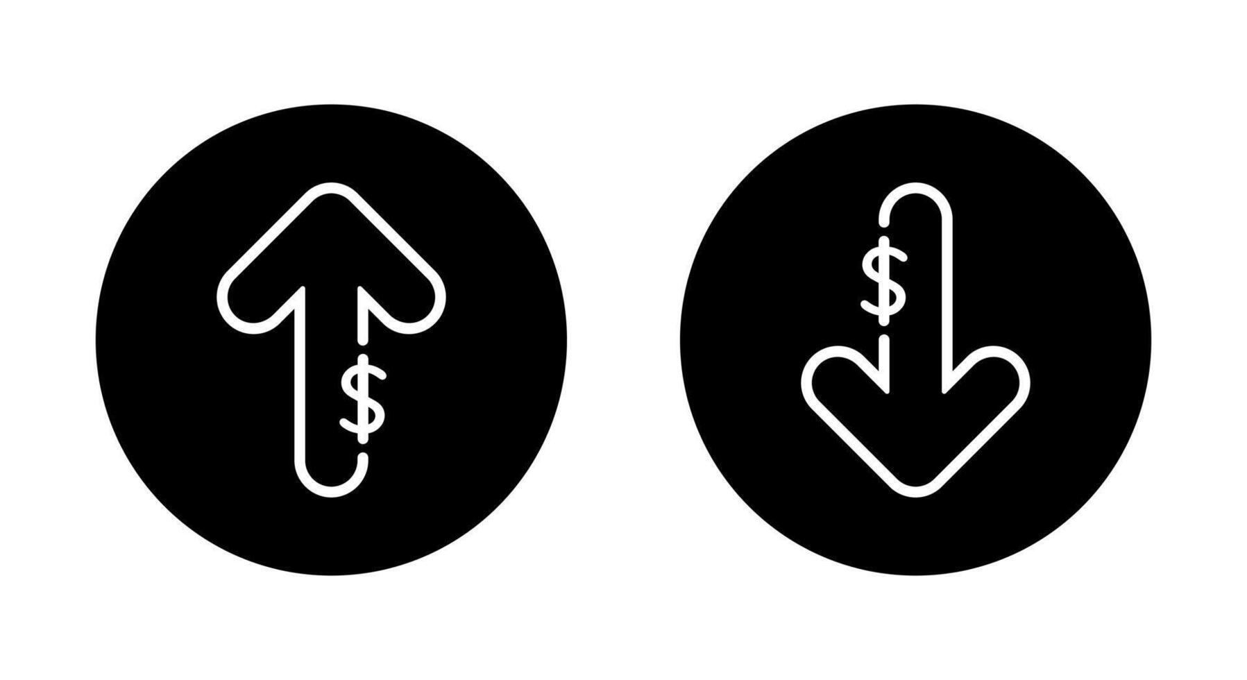 Dollar arrow outline up and down icon on black circle. USD growth and decline sign. Increase and decrease currency symbol vector