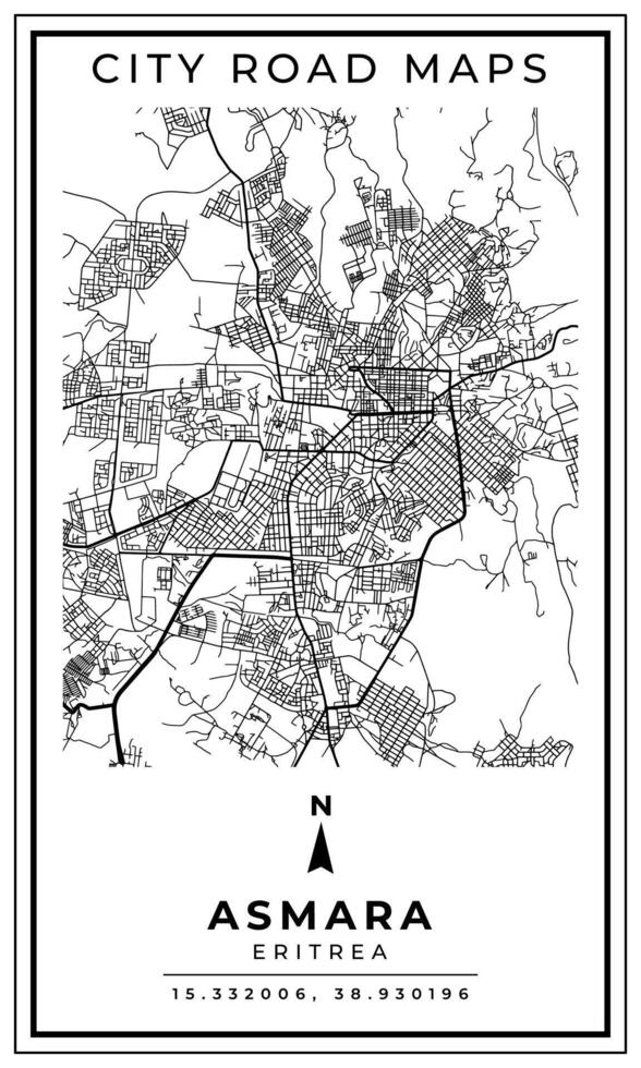 Black and white printable road map of Asmara city Eritrea banner poster design with coordinate position location, illustration vector