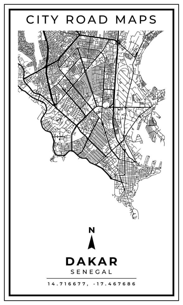 Black and white printable road map of Dakar city Senegal banner poster design with coordinate position location, illustration vector