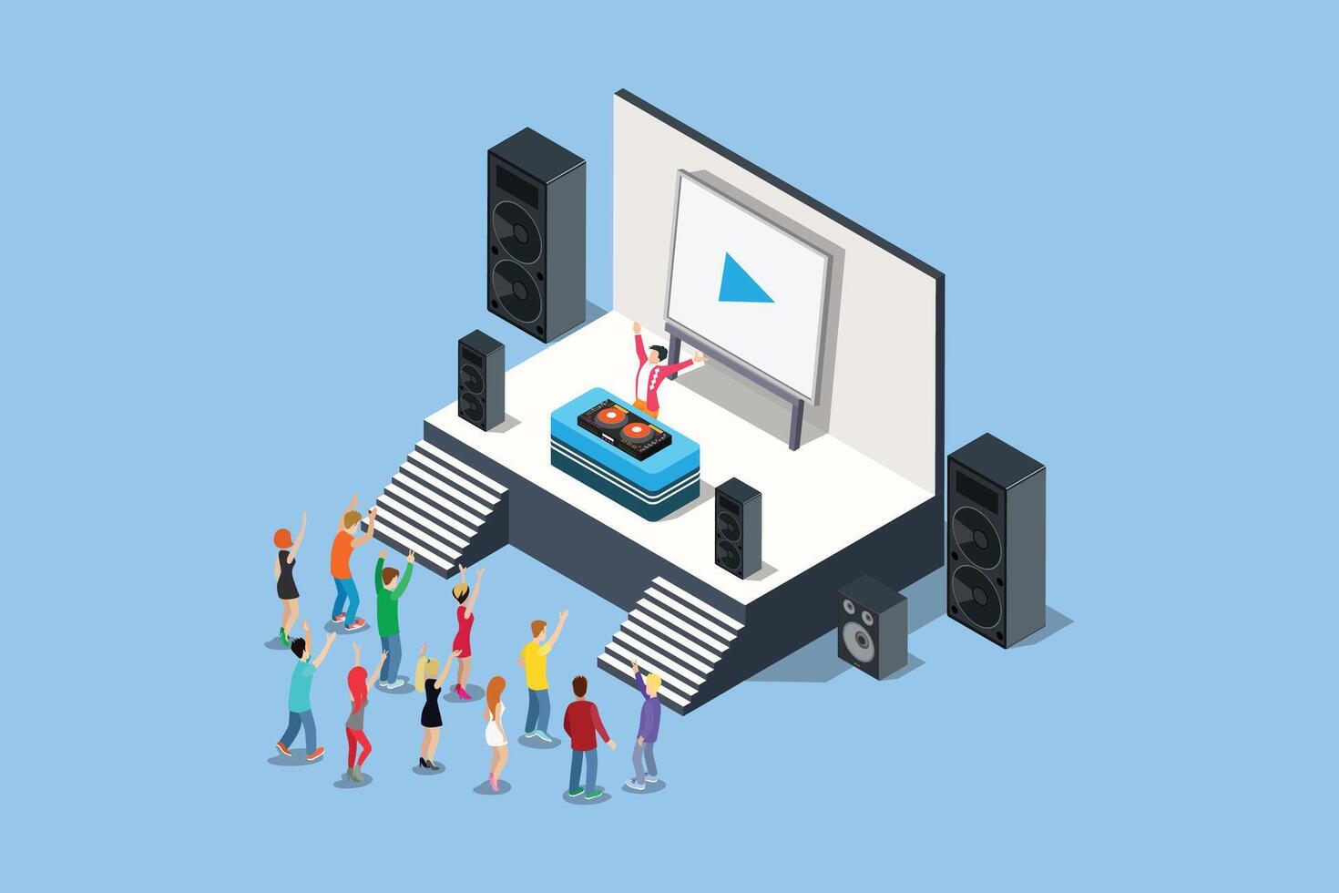 Festival Illustration Disc jockey Music 3d Isometric View Concept Party Elements, people dancing, music projector Blue background suitable for graphic assets vector