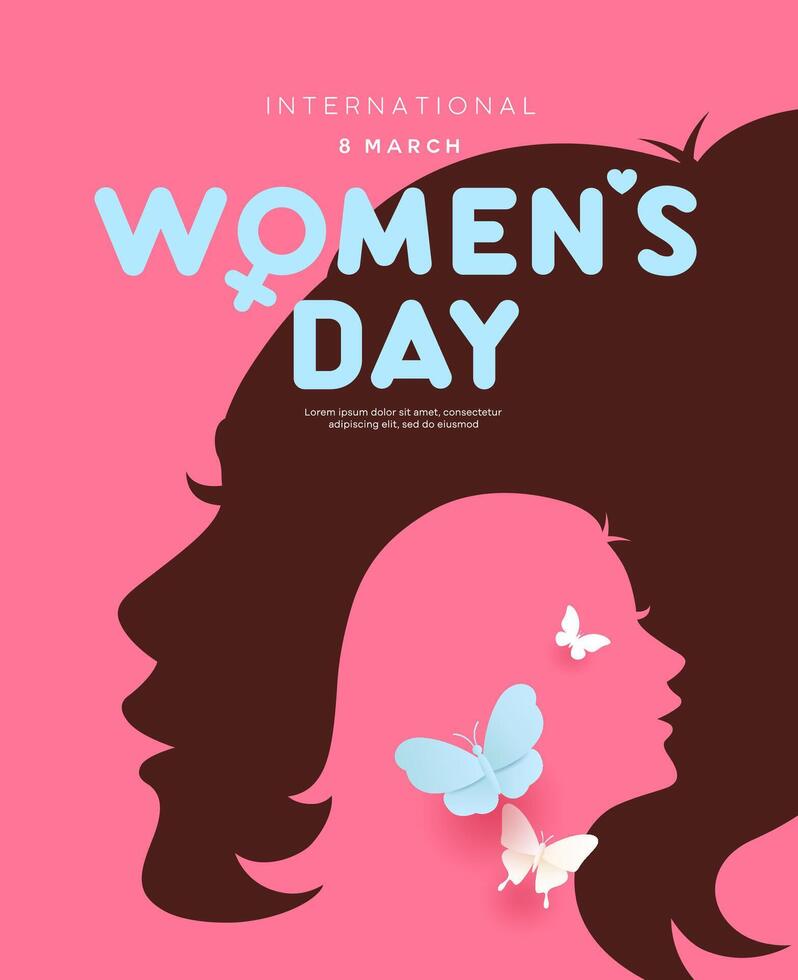 Happy women's day, 8 March with silhouette women face and butterfly, colorful poster flyer design on pink and dark brown background vector