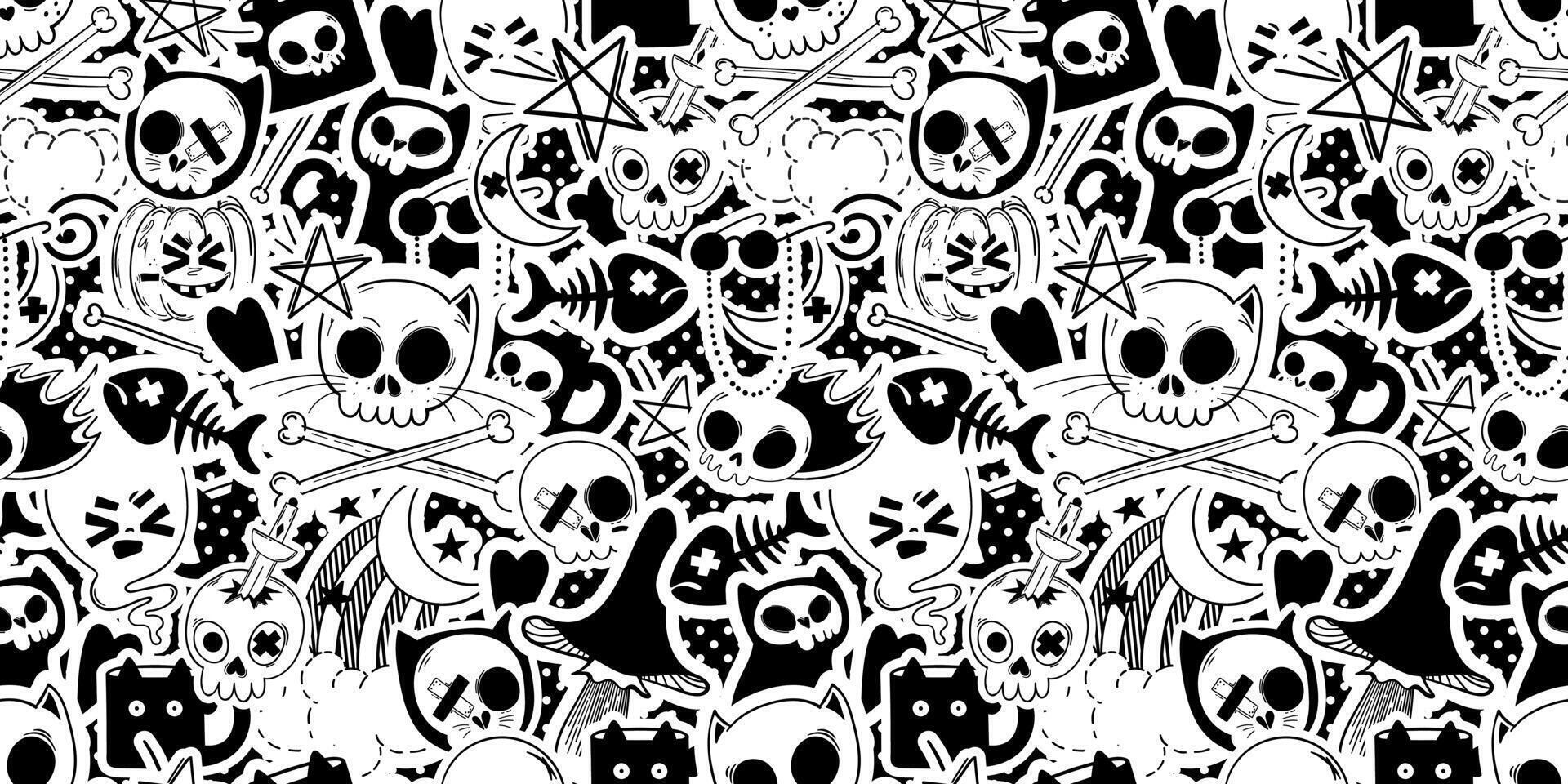 Seamless pattern with gothic emo cat stickers. Background with halloween monsters vector