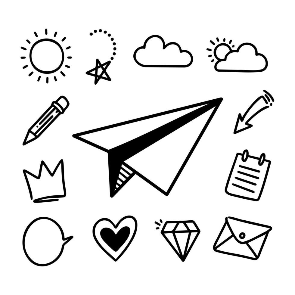 Doodle elements such as paper planes, crowns, love, letters, diamonds, clouds, sun, stars, arrows and others vector