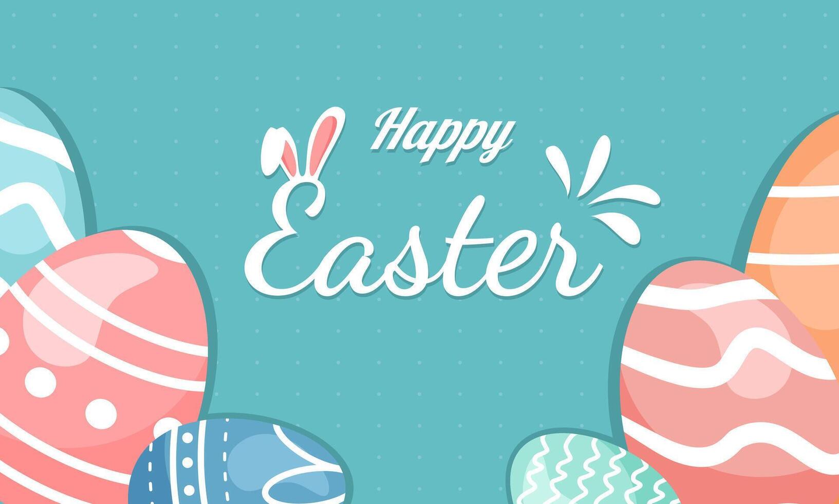 ibrant and joyful scene celebrating Easter, with colorful decorations, Easter eggs, and flowers filling the space. People are gathered together, enjoying activities like egg hunting or festive meals. vector