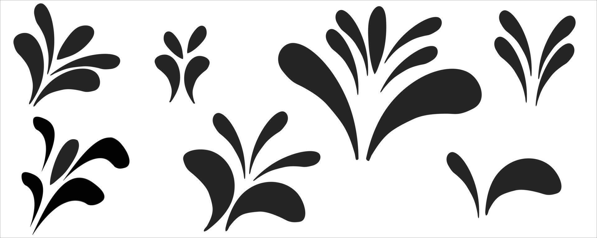 Splash silhouette with droplets. Water drops shapes, liquid burst splashes and ink blot hand drawn illustration set vector