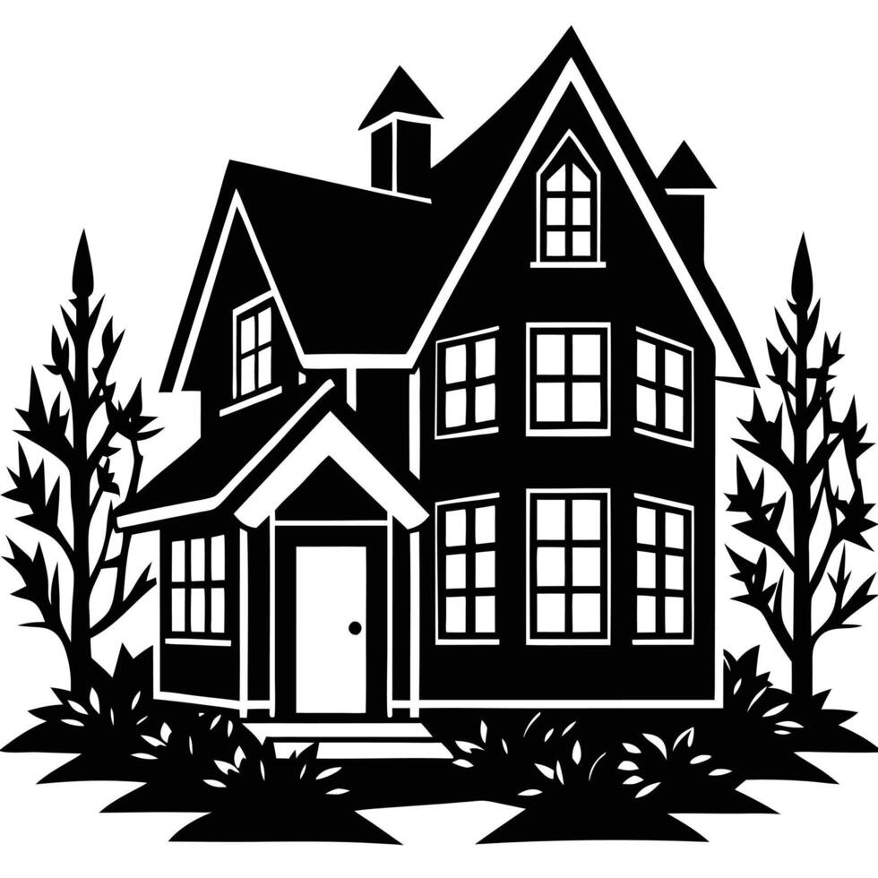 A classic, two-story house silhouette, perfect for real estate, architecture, or home design. vector