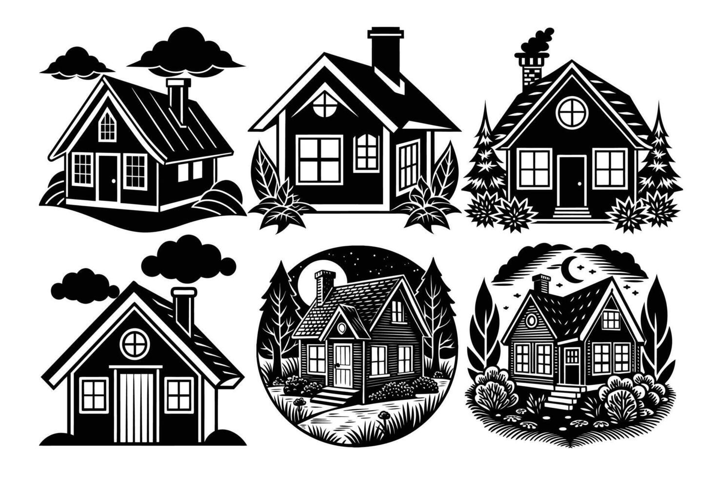 Six different stylized black silhouette house designs, suitable for real estate, home design, or architectural projects. vector
