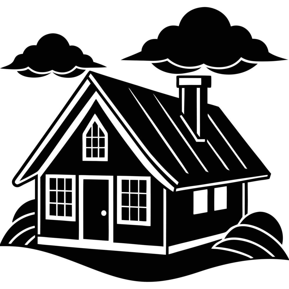 This stylized black and white graphic depicts a charming country house nestled on rolling hills, under a sky with clouds. vector