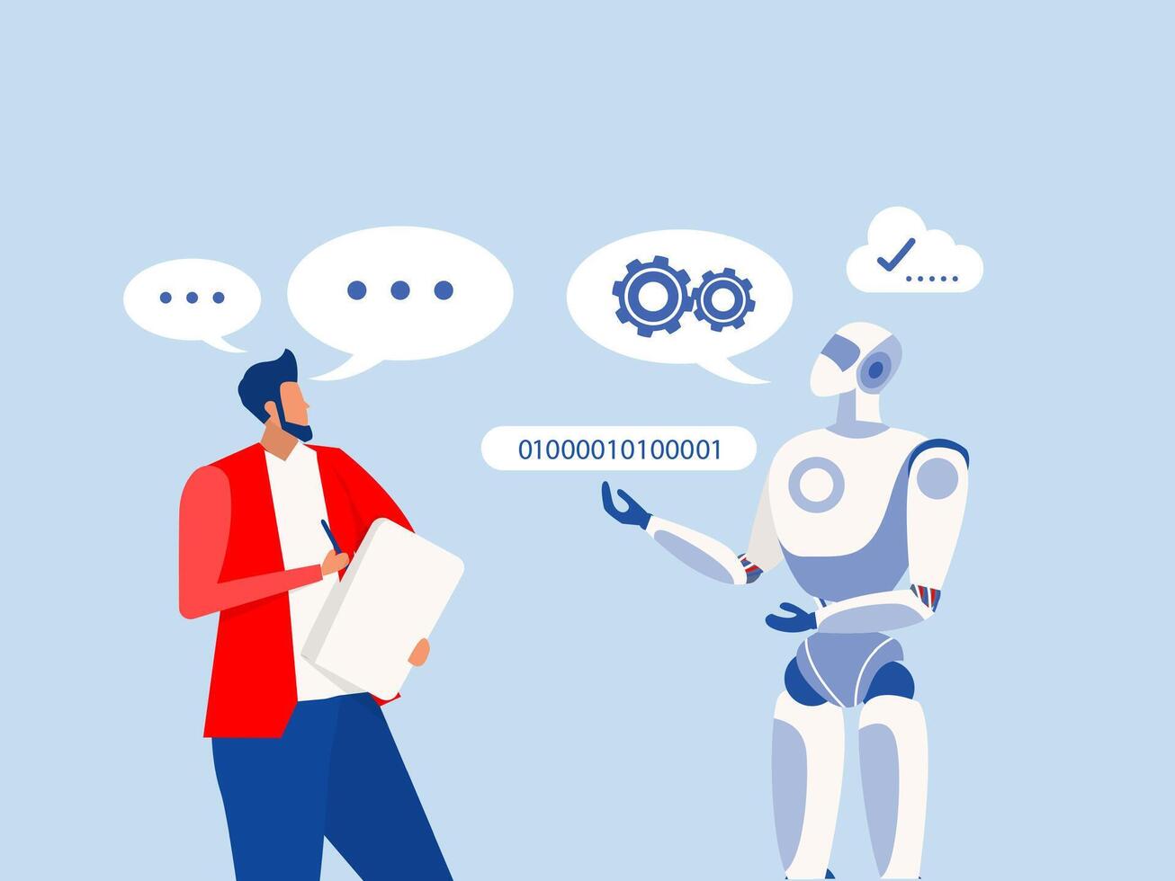 Artificial intelligence, chat bot communication concept. Online chatbot, robot with automated support, help. Flat vector