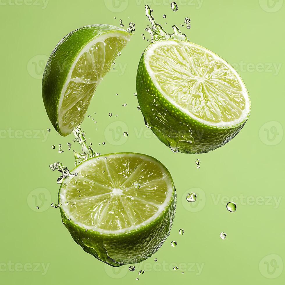 Fresh Lime with Water Droplets floating on air photo
