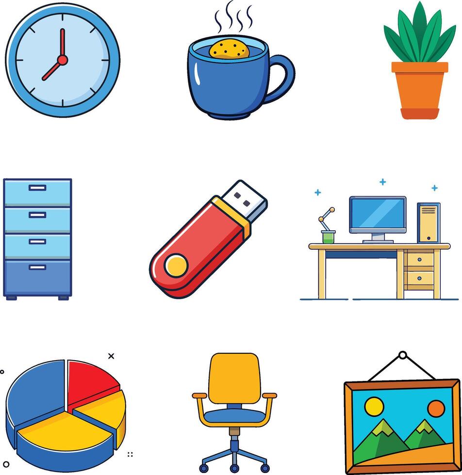 Office and Workspace Icon Set Clock, Cup, Desk, USB, Chair, and More vector