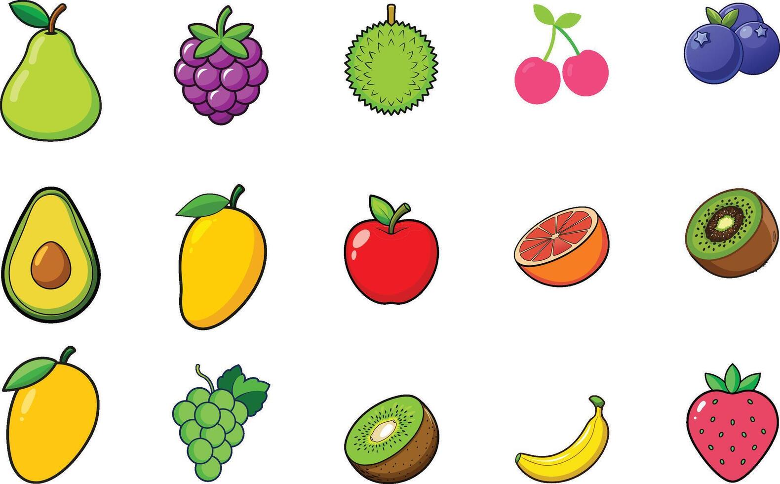 Colorful Fruit Icons Set in Cartoon Style vector
