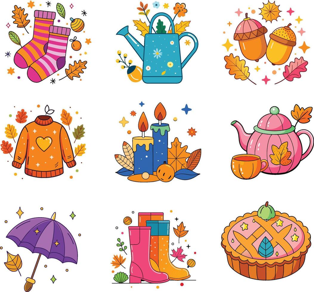 Fall Seasonal Illustration Set with Cozy Autumn Elements vector
