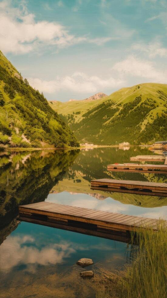 A lake with wooden docks and mountains in the background photo