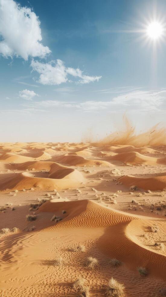 Sand dunes in the sahara desert with blue sky and sun photo