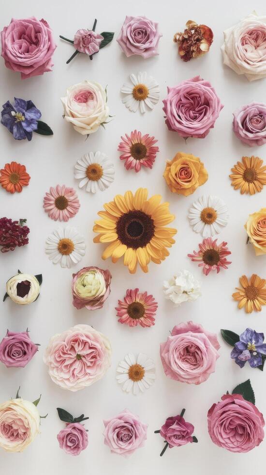 Collection of creative dsies flowers isolated on white background flat lay top view floral pattern object photo