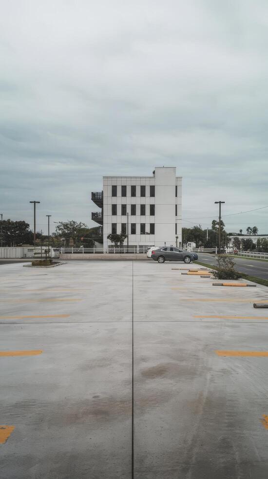A parking lot with a building in the background photo