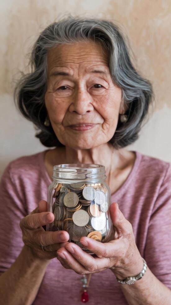 An older woman holding a jar full of coins photo