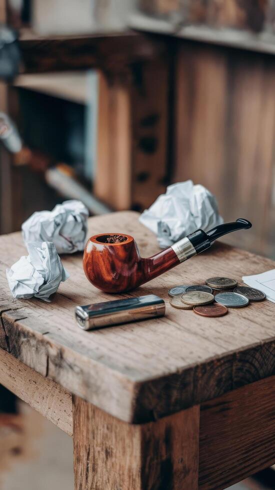 A pipe, money and a coin on a table photo