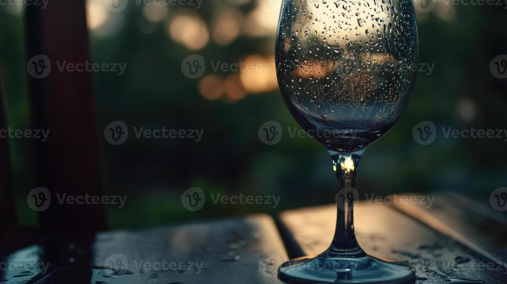 A wine glass with water droplets on it sitting on a wooden table photo