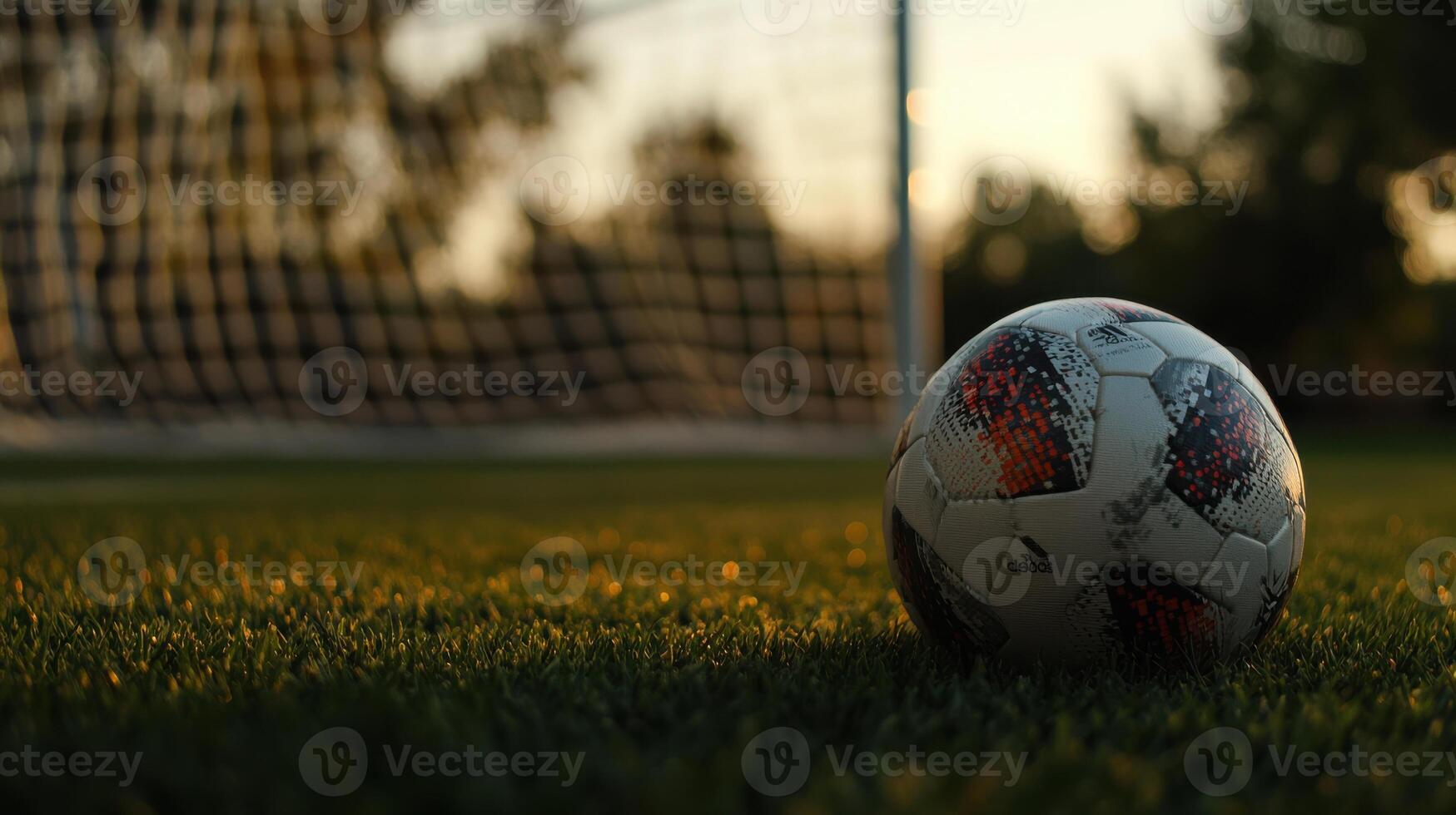 A soccer ball sits on the grass in front of a goal photo